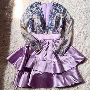 Lavender Long Sleeve Glam Sequined Sparkling Cocktail Formal Tiered Prom Dress